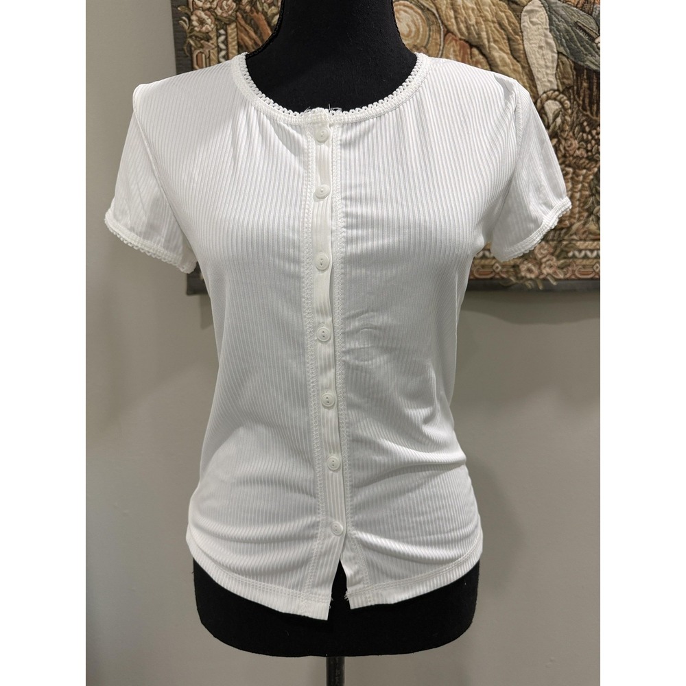 Shirt Womens Medium White Ribbed Knit Button Front Crochet Trim Short Sleeve